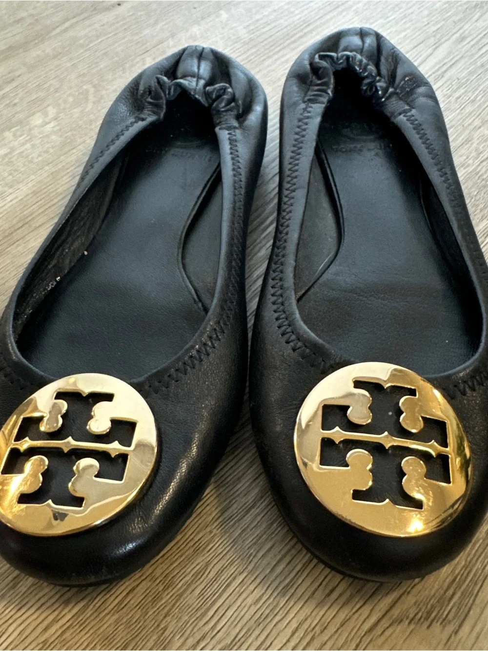 Tory Burch Black Leather Ballet Flats with Gold Medallion